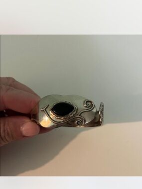 Silver-tone Spoon Bracelet with Black Stone Accent